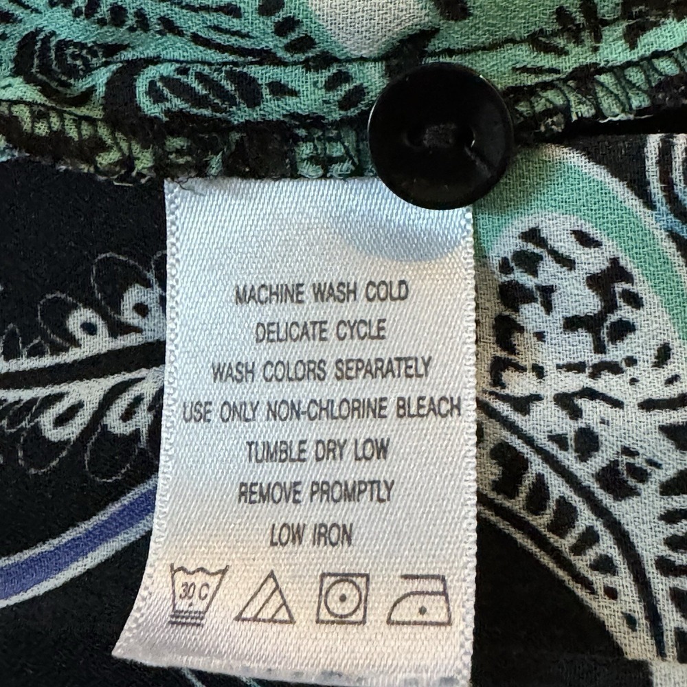 Roamans 16W XL Shirt Top Black Green Paisley Button Up Bell 3/4 Sleeve V Neck - Picture 7 of 8